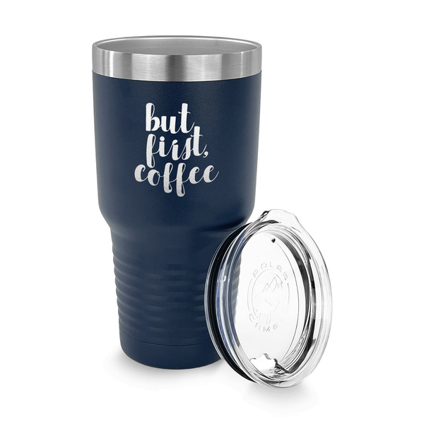 Coffee Addict 30 oz Stainless Steel Ringneck Tumblers - Navy - LID OFF