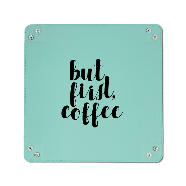 Coffee Addict 6" x 6" Teal Leatherette Snap Up Tray - APPROVAL