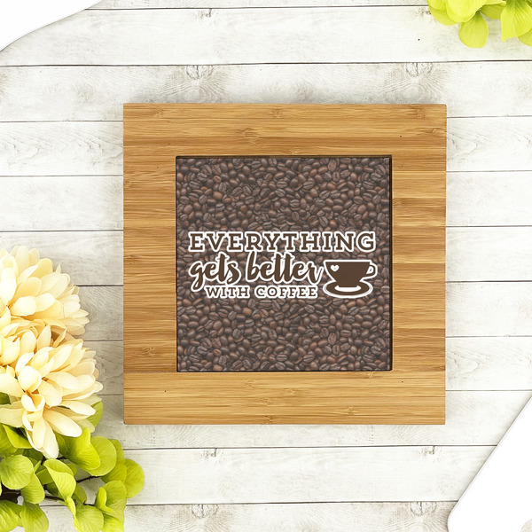 Coffee Addict Bamboo Trivet with 6" Tile - LIFESTYLE