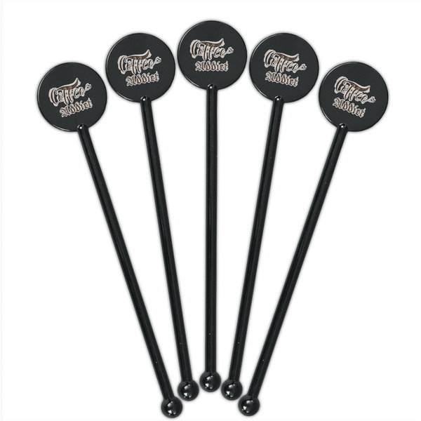 Coffee Addict Black Plastic 5.5" Stir Stick - Round - Fan View
