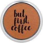 Coffee Addict Set of 4 Leatherette Round Coasters w/ Silver Edge
