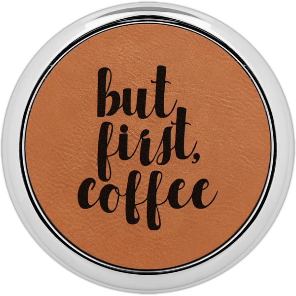 Custom Coffee Addict Leatherette Round Coaster w/ Silver Edge - Single or Set
