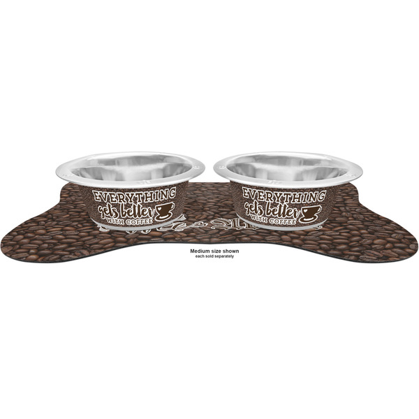 Coffee Addict 2 Metal Pet Bowls - On Dog Bone Shaped Mat