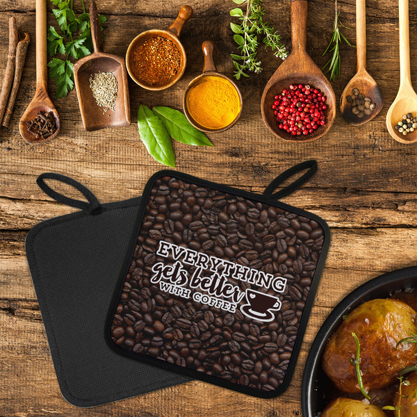 Coffee Addict Neoprene Pot Holder - Set of 2  LIFESTYLE (Flatlay)