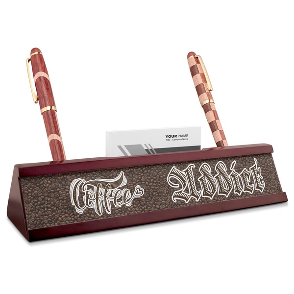 Custom Coffee Addict Red Mahogany Nameplate with Business Card Holder (Personalized)