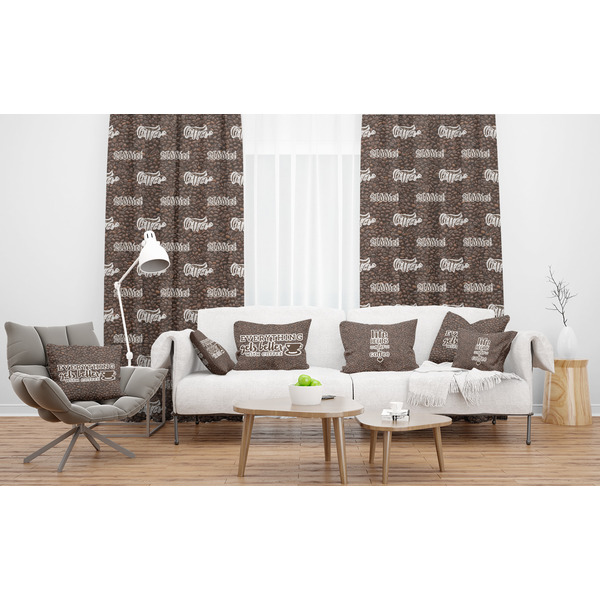 Coffee Addict Sheer and Custom Curtains in Room with Matching Pillows
