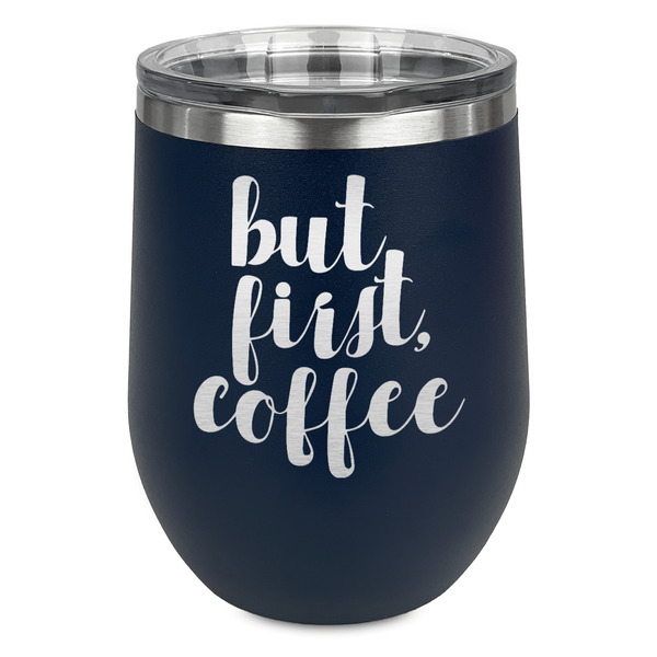Custom Coffee Addict Stemless Stainless Steel Wine Tumbler - Navy - Double Sided