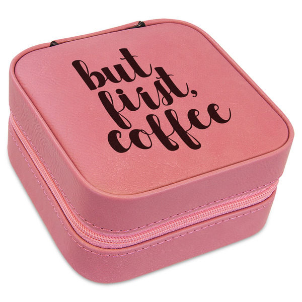 Custom Coffee Addict Travel Jewelry Boxes - Pink Leather