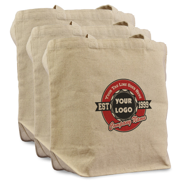 Custom Logo & Tag Line Reusable Cotton Grocery Bags - Set of 3 (Personalized)