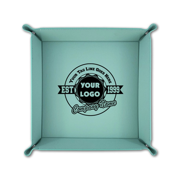 Logo & Tag Line 6" x 6" Teal Leatherette Snap Up Tray - FOLDED UP