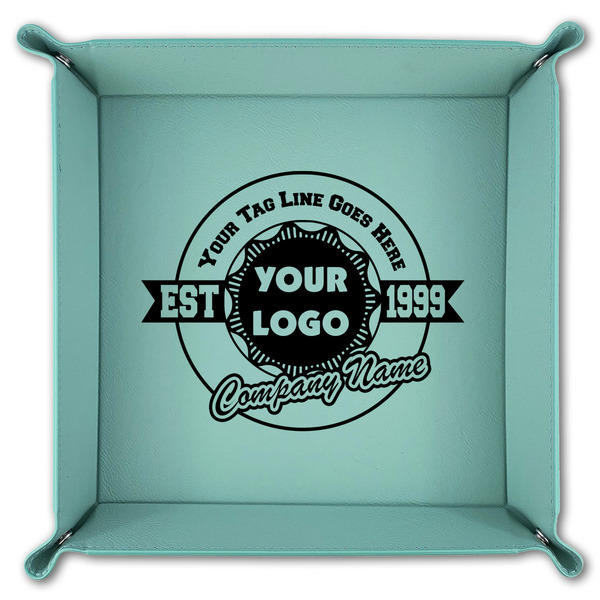 Logo & Tag Line 9" x 9" Teal Leatherette Snap Up Tray - FOLDED