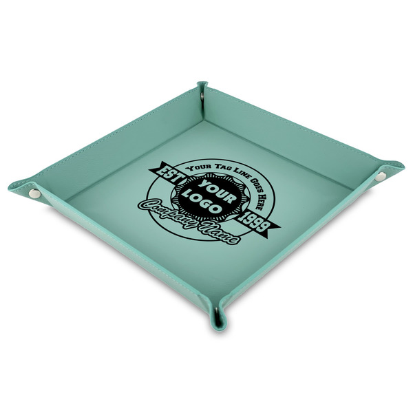 Custom Logo & Tag Line Faux Leather Valet Tray - 9" x 9"  - Teal (Personalized)