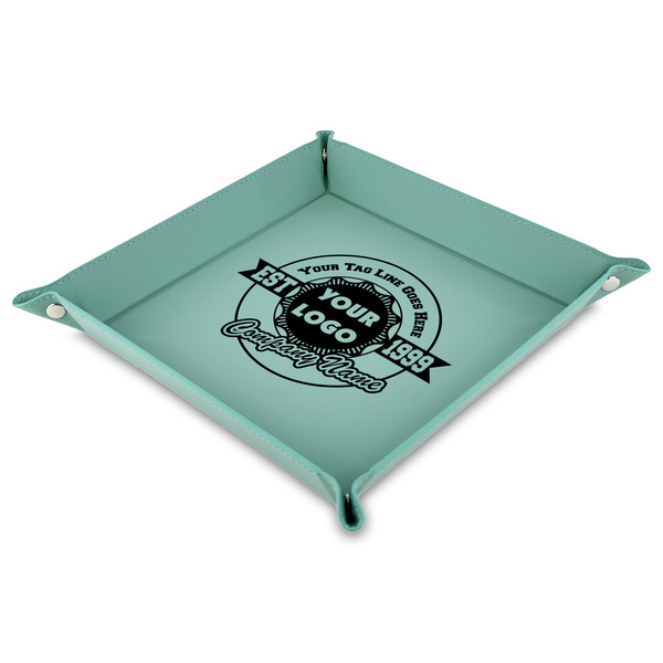 Custom Logo & Tag Line Faux Leather Dice Tray - 9" x 9"  - Teal (Personalized)