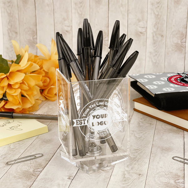 Logo & Tag Line Acrylic Pencil Holder - IN CONTEXT