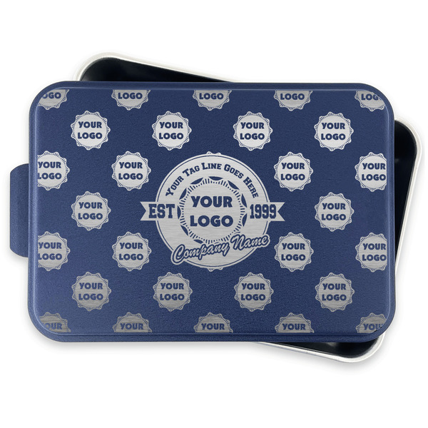 Logo & Tag Line Aluminum Baking Pan - Navy Lid - FRONT w/lid off