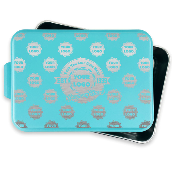Logo & Tag Line Aluminum Baking Pan - Teal Lid - FRONT w/ lid off