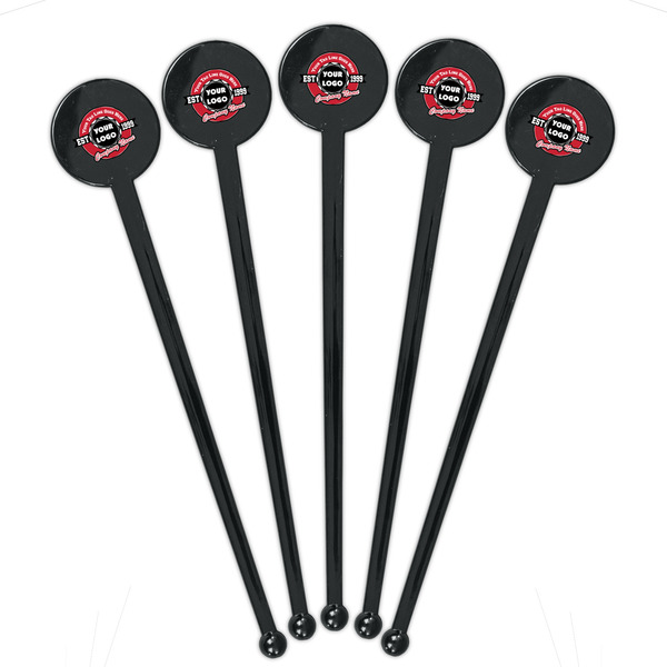 Logo & Tag Line Black Plastic 7" Stir Stick - Round - Fan View
