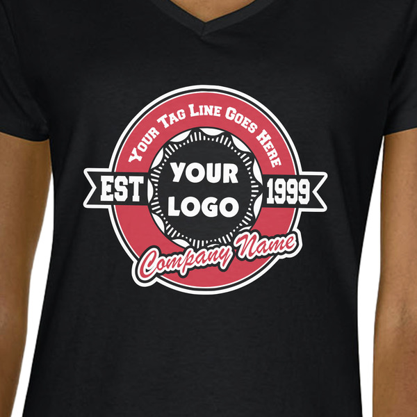 Logo & Tag Line Black V-Neck T-Shirt on Model - CloseUp