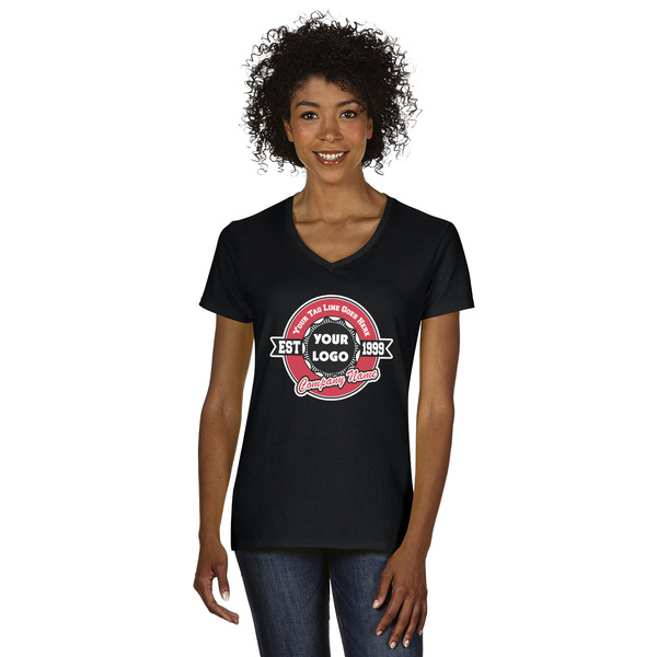 Custom Logo & Tag Line Women's V-Neck T-Shirt - Black - Small (Personalized)