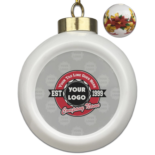 Custom Logo & Tag Line Ceramic Ball Ornaments - Poinsettia Garland (Personalized)