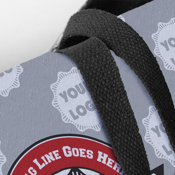 Logo & Tag Line Closeup of Tote w/Black Handles