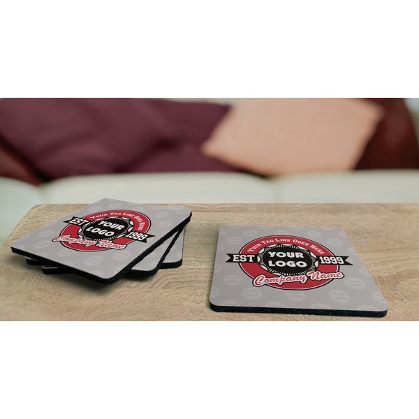 Logo & Tag Line Coaster Rubber Back - On Coffee Table