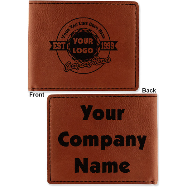 Logo & Tag Line Cognac Leatherette Bifold Wallets - Front and Back