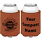 Logo & Tag Line Cognac Leatherette Can Sleeve - Double Sided Front and Back