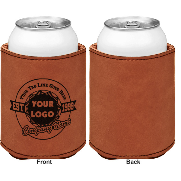 Logo & Tag Line Cognac Leatherette Can Sleeve - Single Sided Front and Back