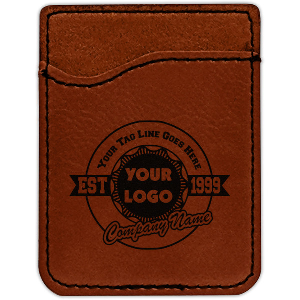 Logo & Tag Line Cognac Leatherette Phone Wallet close up