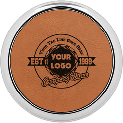 Logo & Tag Line Leatherette Round Coaster w/ Silver Edge - Single (Personalized)