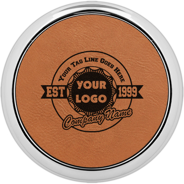 Custom Logo & Tag Line Leatherette Round Coaster w/ Silver Edge (Personalized)