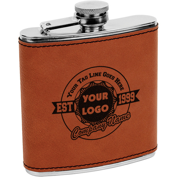 Custom Logo & Tag Line Leatherette Wrapped Stainless Steel Flask (Personalized)