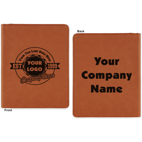 Logo & Tag Line Cognac Leatherette Zipper Portfolios with Notepad - Double Sided - Apvl