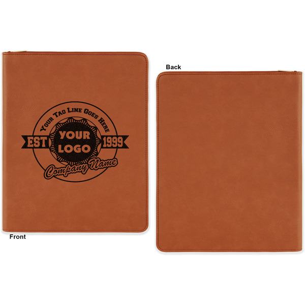 Logo & Tag Line Cognac Leatherette Zipper Portfolios with Notepad - Single Sided - Apvl