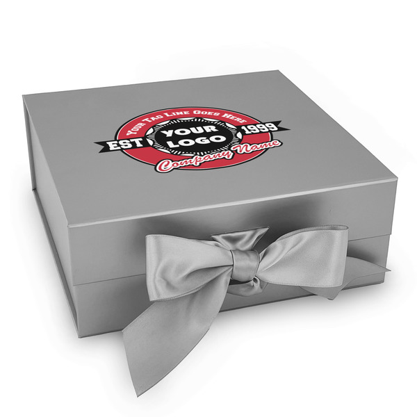 Custom Logo & Tag Line Gift Box with Magnetic Lid - Silver (Personalized)