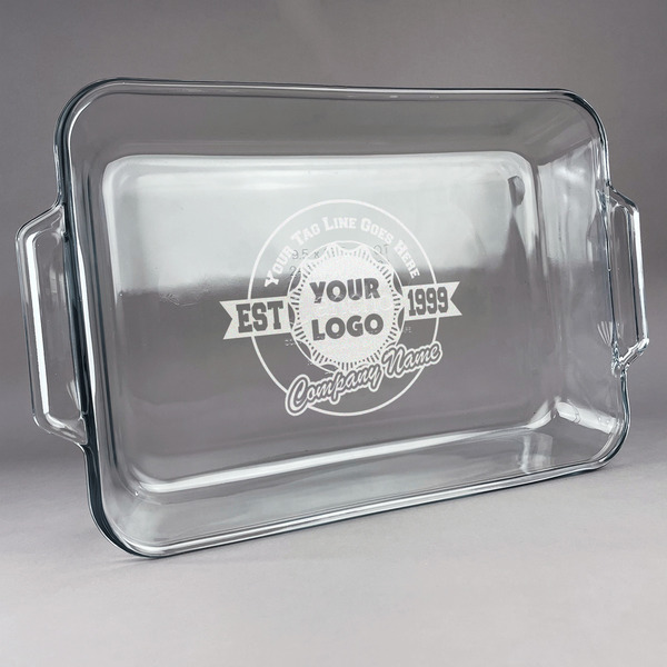 Custom Logo & Tag Line Glass Baking Dish with Truefit Lid - 13in x 9in (Personalized)