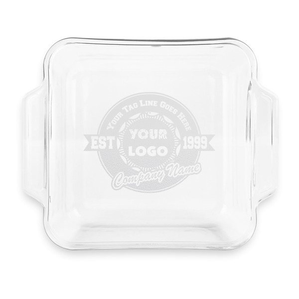 Custom Logo & Tag Line Glass Cake Dish with Truefit Lid - 8in x 8in (Personalized)