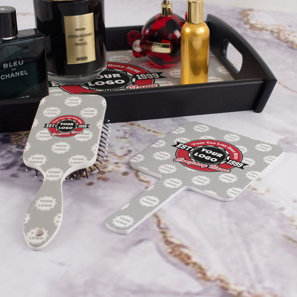 Logo & Tag Line Hair Brush and Hand Mirror - Bathroom Scene