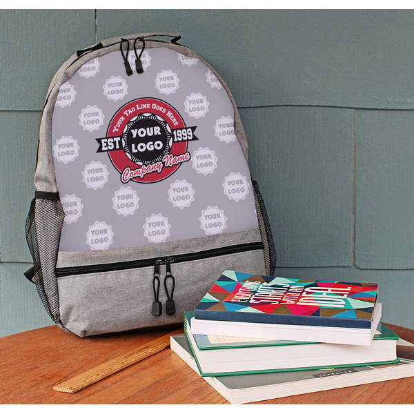 Logo & Tag Line Large Backpack - Gray - On Desk