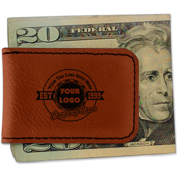 Custom Logo & Tag Line Leatherette Magnetic Money Clip (Personalized)