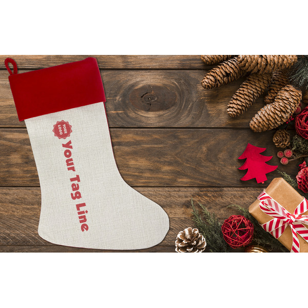 Logo & Tag Line Linen Stocking w/Red Cuff - Flat Lay (LIFESTYLE)