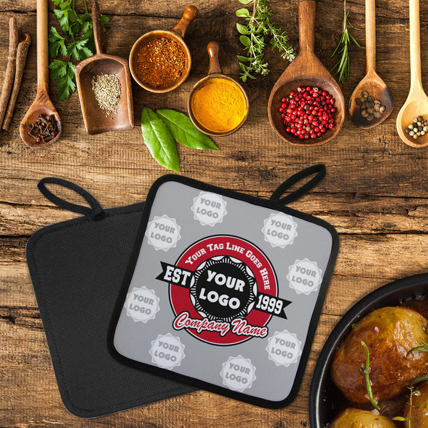 Logo & Tag Line Neoprene Pot Holder - Set of 2  LIFESTYLE (Flatlay)