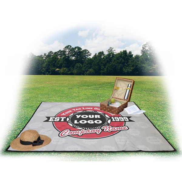 Logo & Tag Line Picnic Blanket - with Basket Hat and Book - in Use