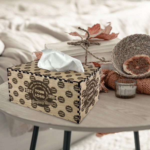 Logo & Tag Line Rectangle Tissue Box Covers - Wood - In Context