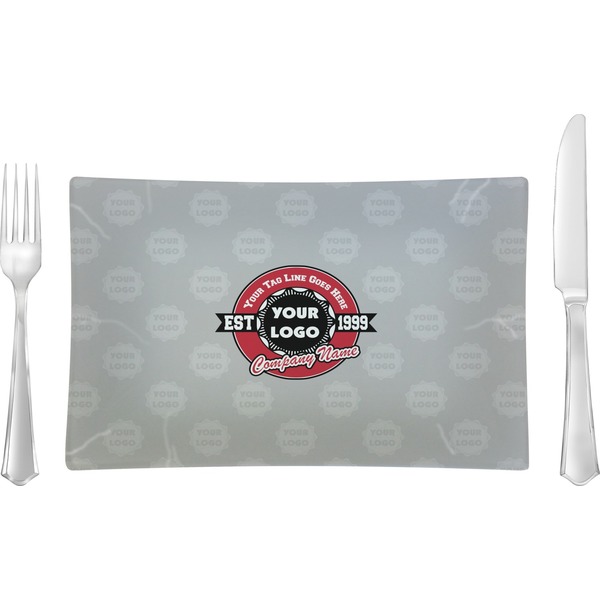 Custom Logo & Tag Line Glass Rectangular Lunch / Dinner Plate - Single w/ Logos