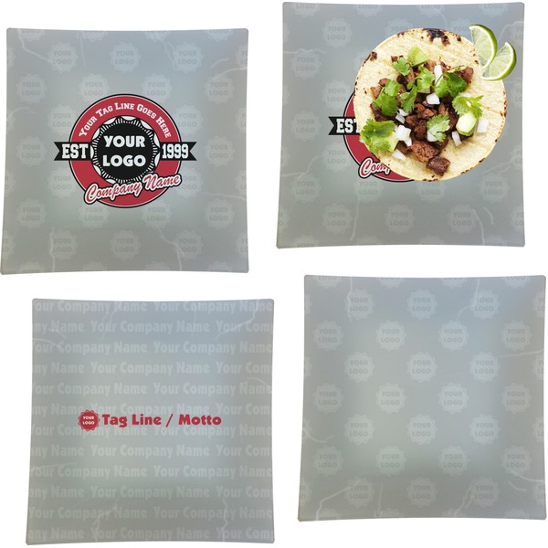Custom Logo & Tag Line Glass Square Lunch / Dinner Plate 9.5" - Set of 4 w/ Logos