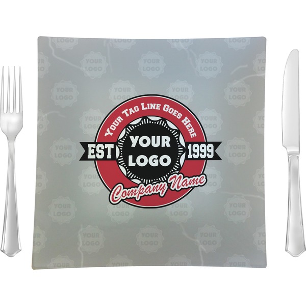Custom Logo & Tag Line Glass Square Lunch / Dinner Plate 9.5" - Single w/ Logos