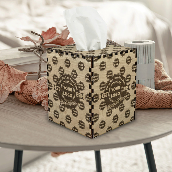 Logo & Tag Line Square Tissue Box Covers - Wood - In Context