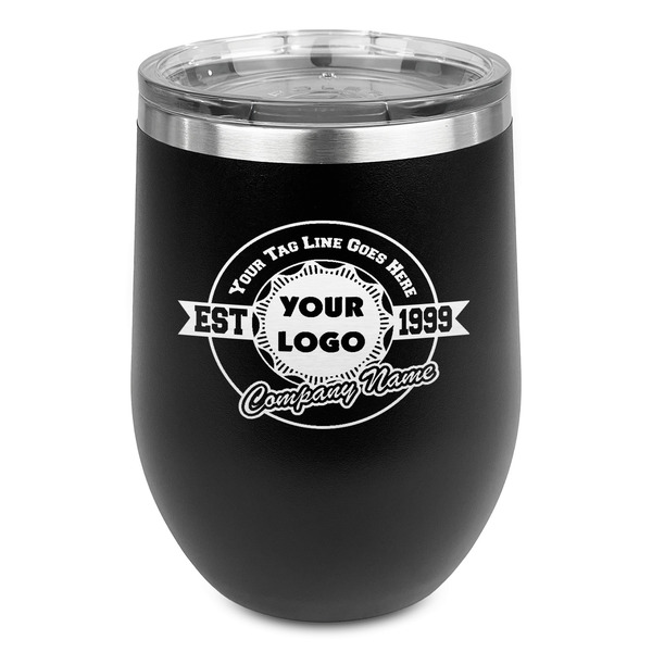Custom Logo & Tag Line Stemless Stainless Steel Wine Tumbler - Black - Double-Sided (Personalized)